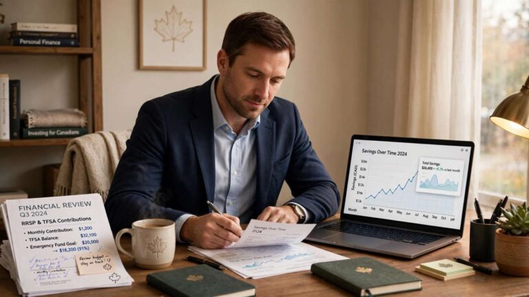Canadian professional reviewing RRSP tax deduction paperwork at home office