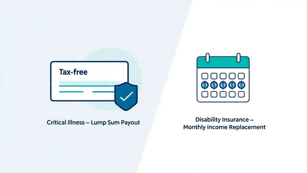 Visual comparison of lump-sum critical illness payout vs monthly disability insurance income replacement