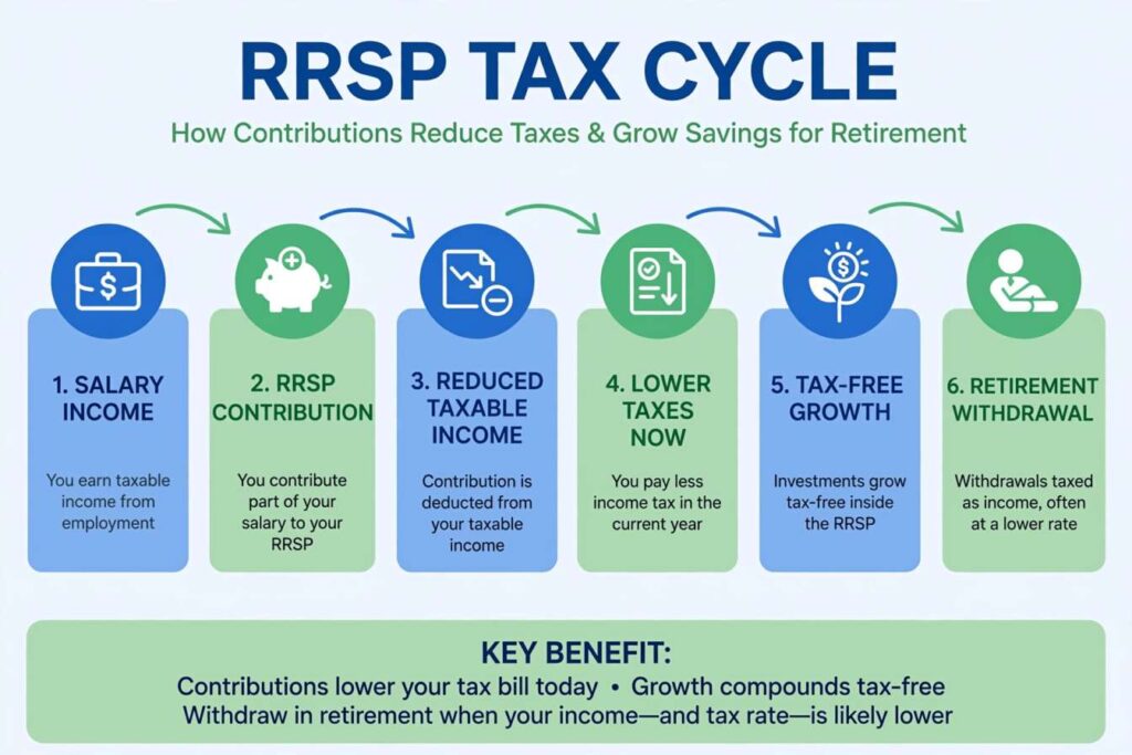 Infographic showing how RRSP tax deduction reduces taxable income and defers tax to retirement