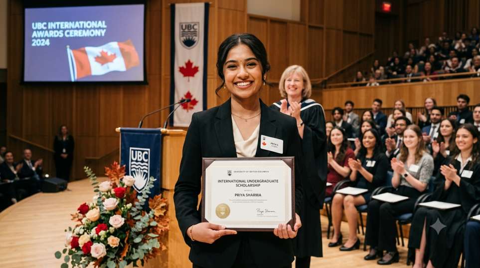 International student receiving a scholarship award at a Canadian university