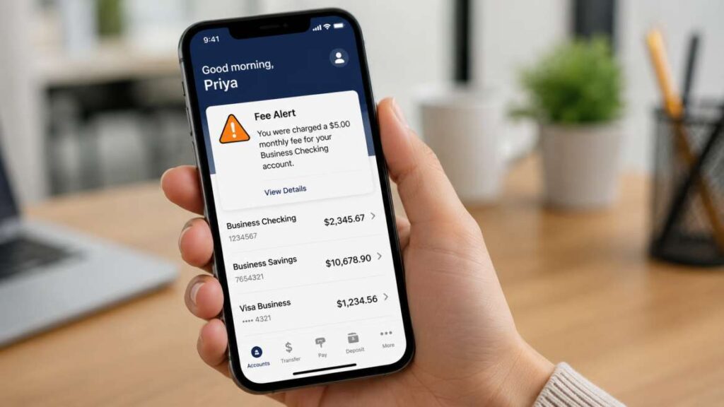 Newcomer checking business bank account fees on a mobile banking app