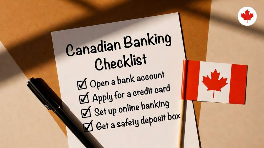 Checklist graphic showing key banking features newcomers should look for in Canadian banks