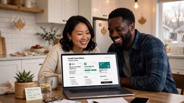 Newcomer couple comparing best credit cards for newcomers to Canada on a laptop