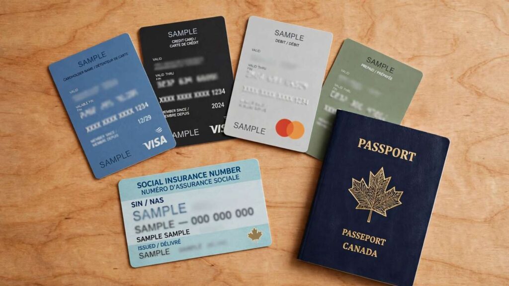 Best Canadian credit cards for newcomers laid out on a wooden surface with Canadian passport