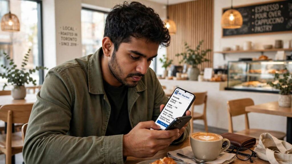 Newcomer to Canada reviewing credit card statement on mobile app to build credit score